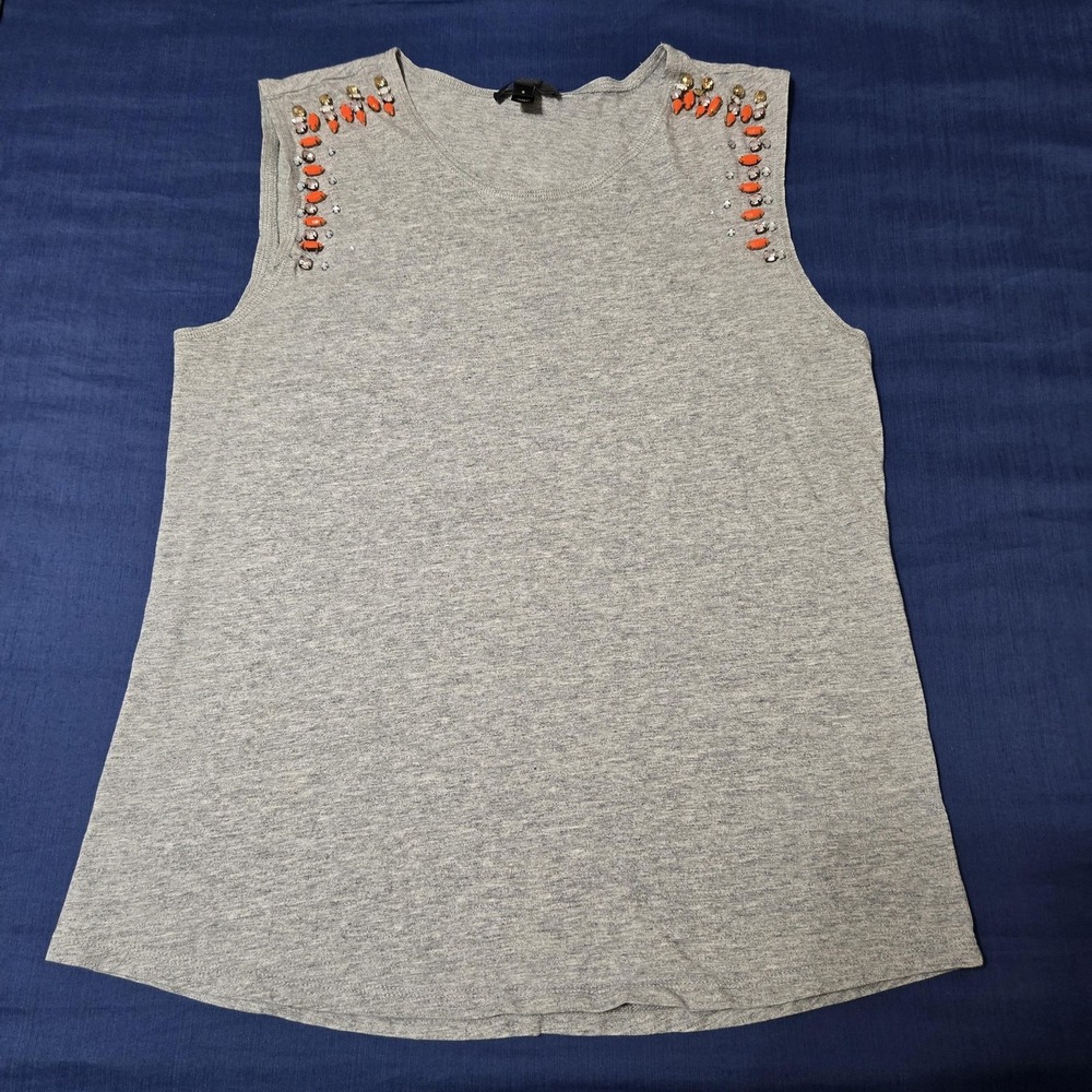 J.Crew Tank Top Womens Small Gray Cotton Beaded Rhinestone Crew Neck Sleeveless